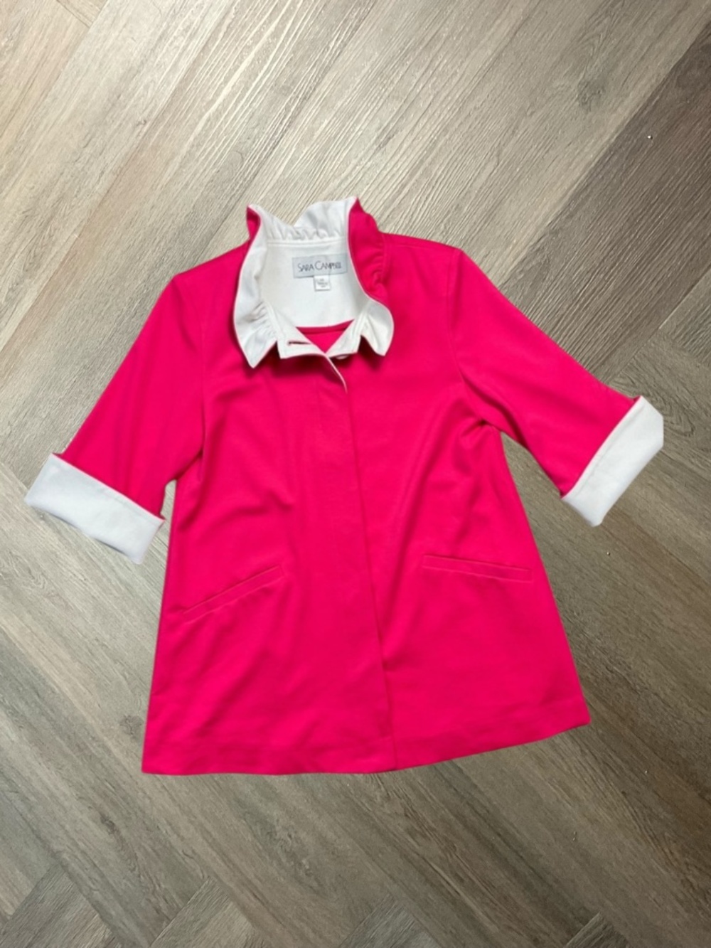 Sara Campbell Ruffle Collar Swing Jacket Womens XS Pink White Contrast Coquette